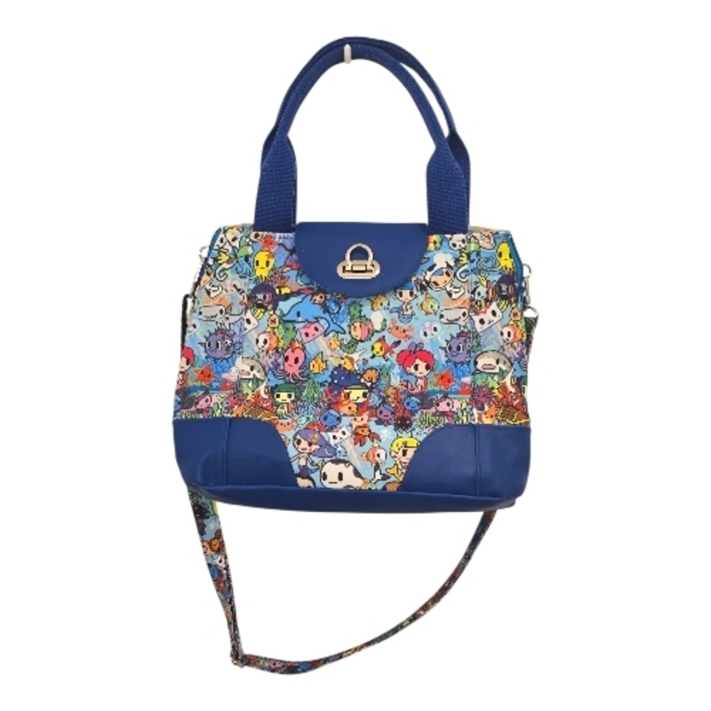 Sea Creatures Blue Canvas Convertible Double Zipper Custom Made Handbag NWOT